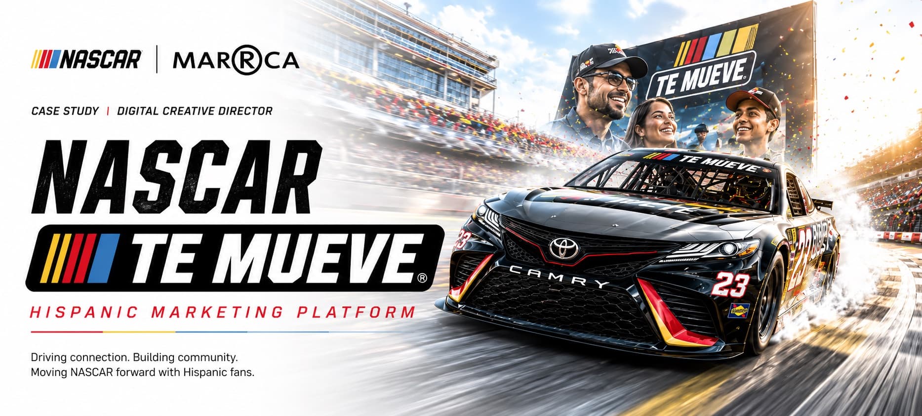 NASCAR Te Mueve Hispanic marketing platform hero with Te Mueve branding beside a race car and fans at the track